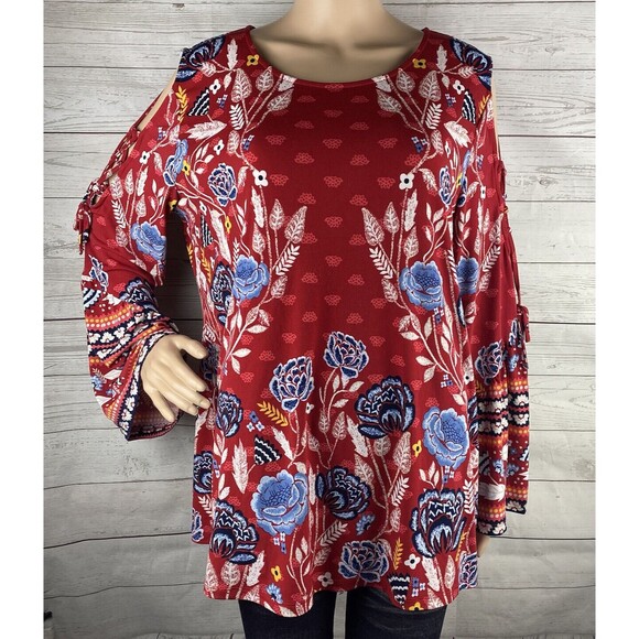 Style & Co. Blouse Large Red Floral Cold Shoulder Bell Sleeve Bohemian Shirt - Picture 1 of 12